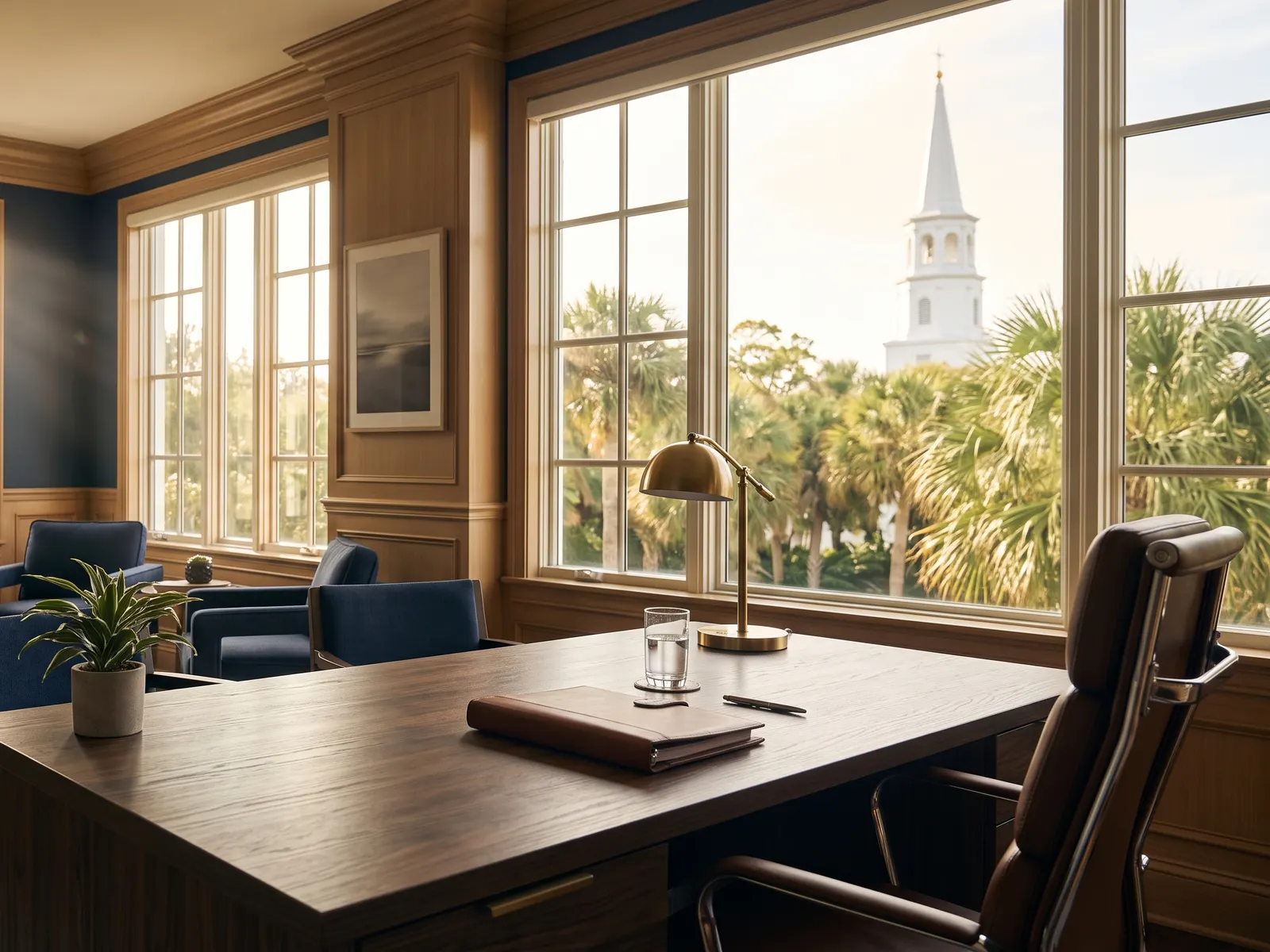 A sunlit office with palms and a church steeple outside