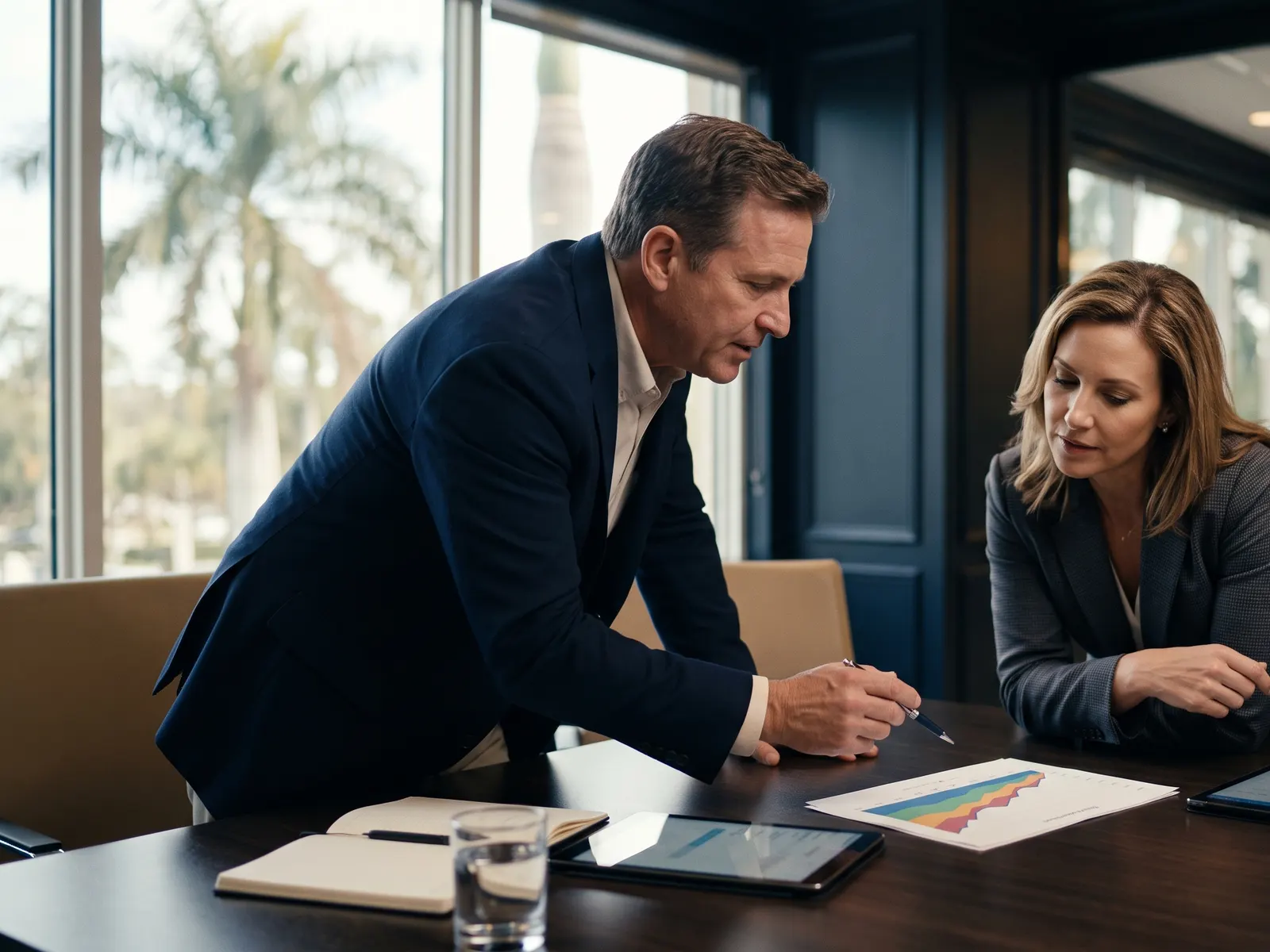 Two advisors going over a chart at the window