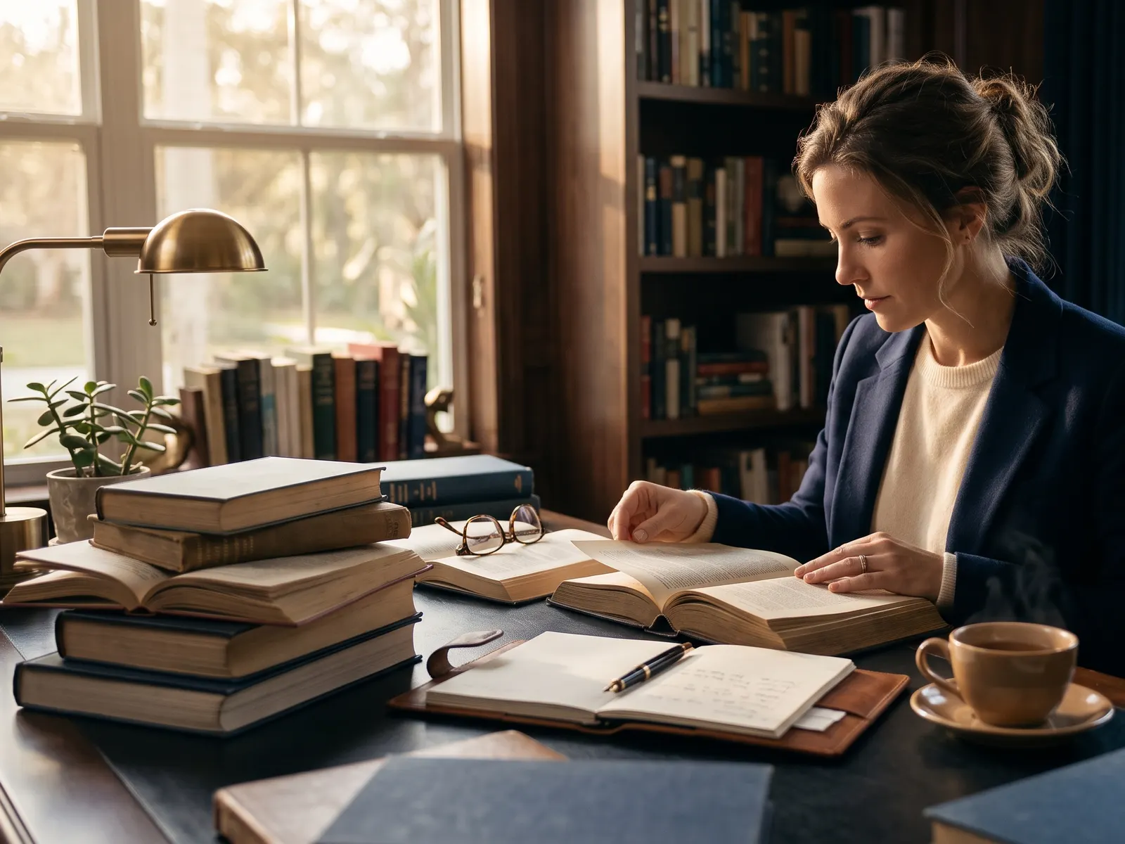 Reading in a library with a notebook and coffee