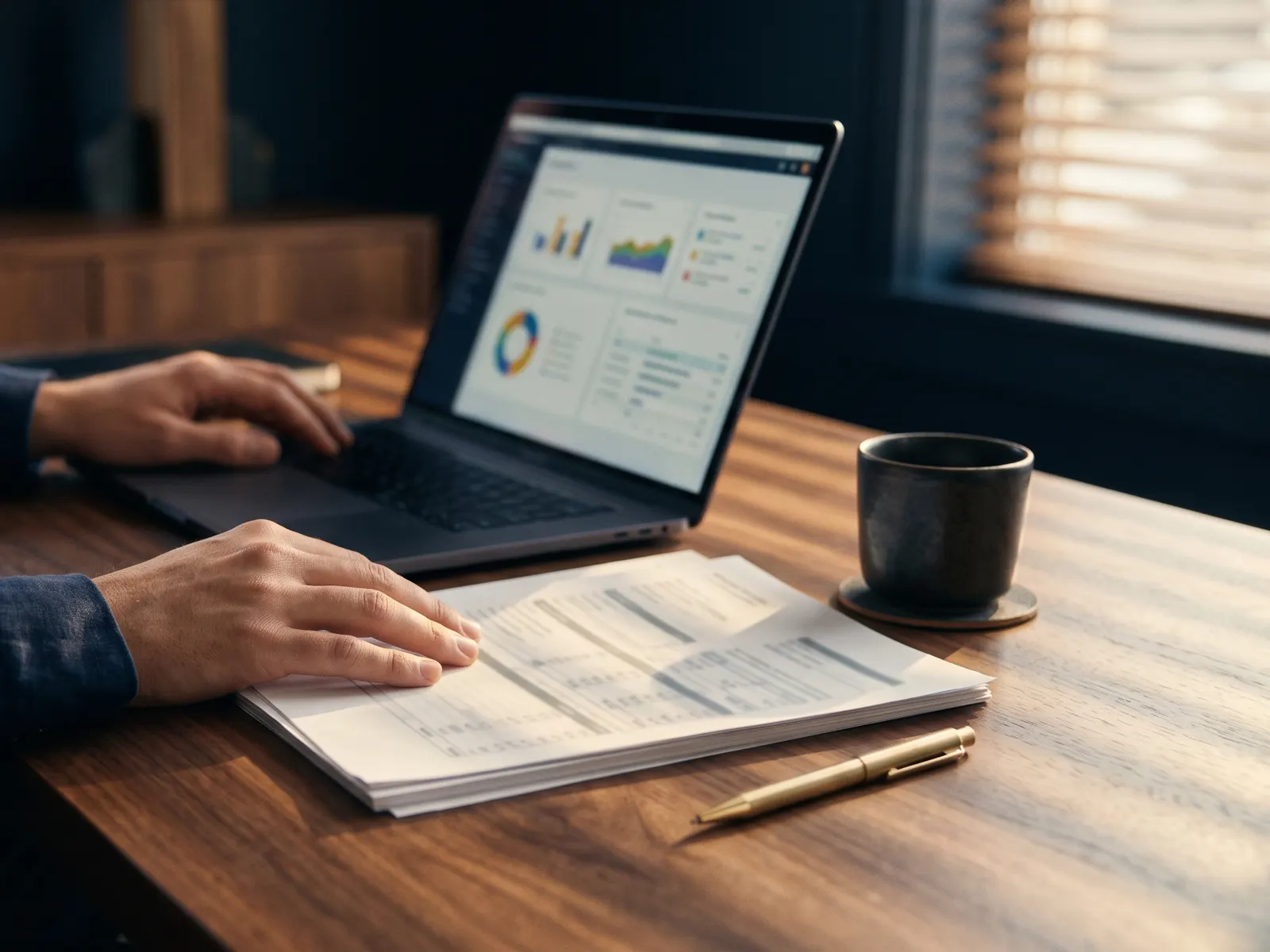 Checking printed reports against the books on a laptop