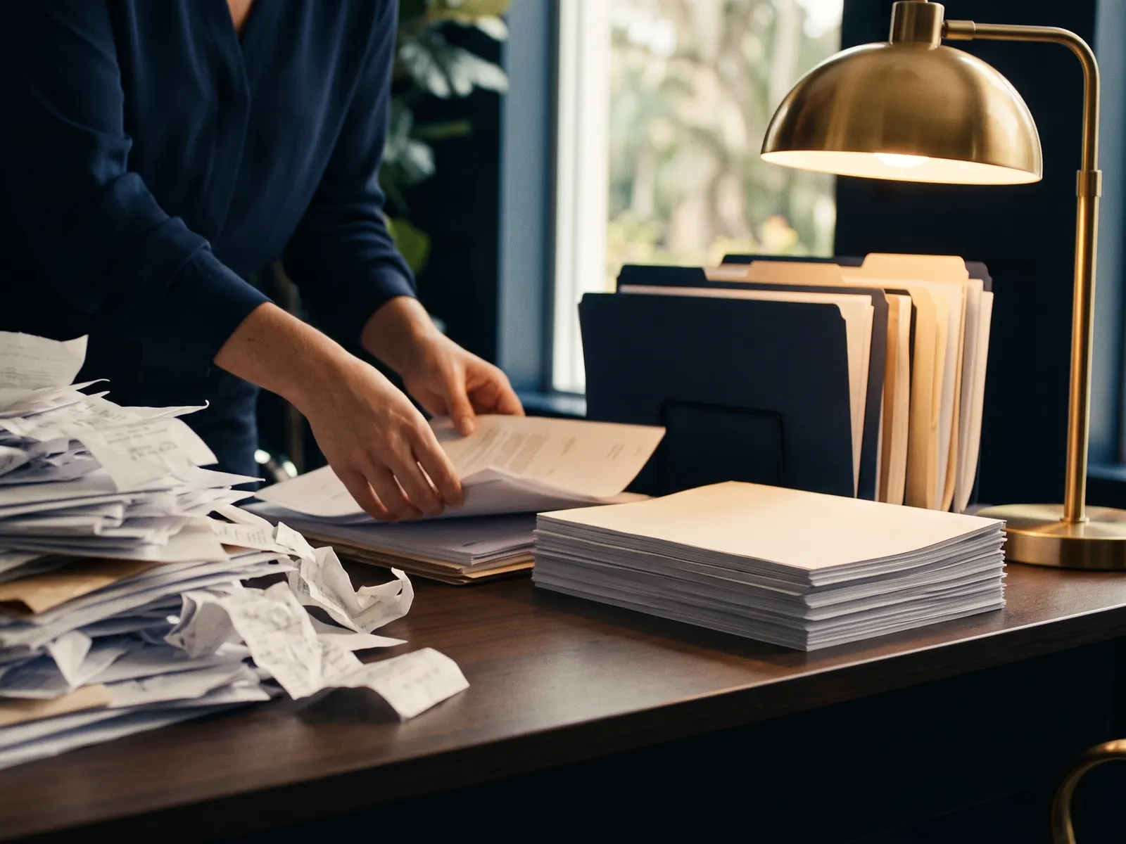 Sorting a pile of crumpled receipts into labeled folders