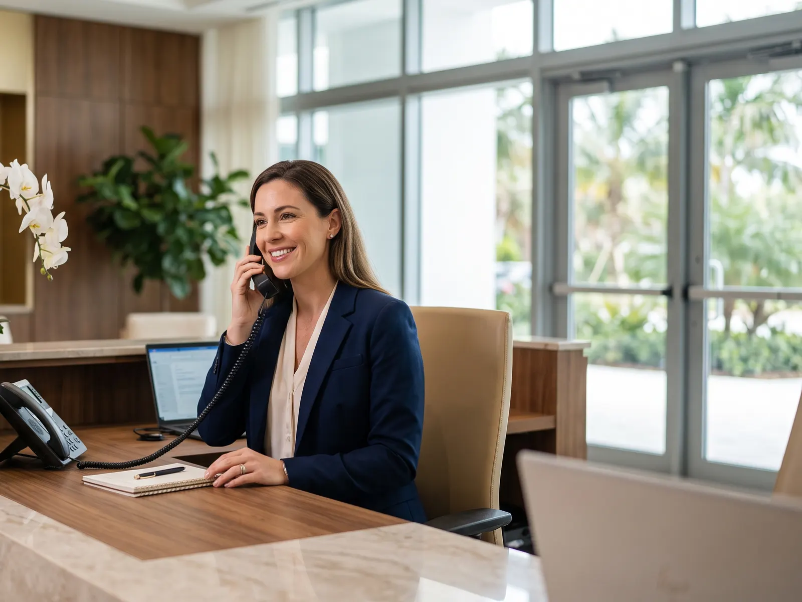 Answering the phone at a bright Florida front desk