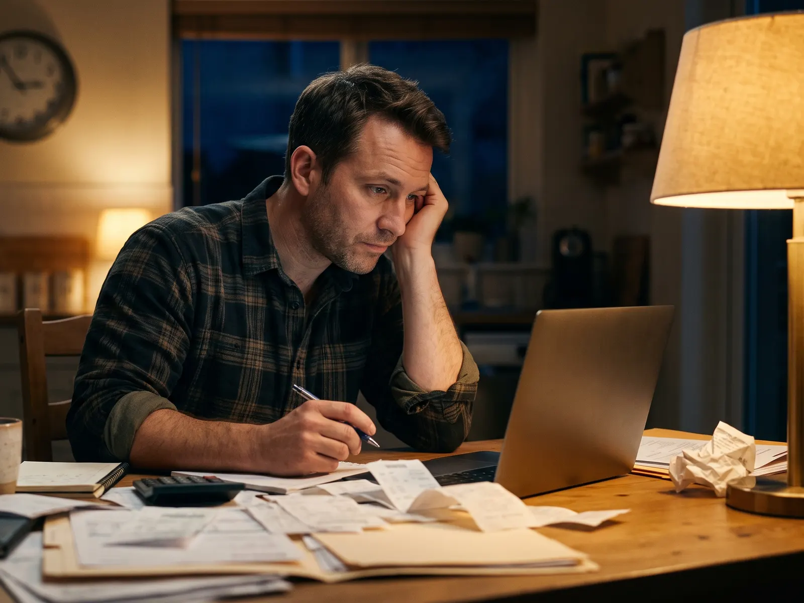 Working through bills at the kitchen table late at night