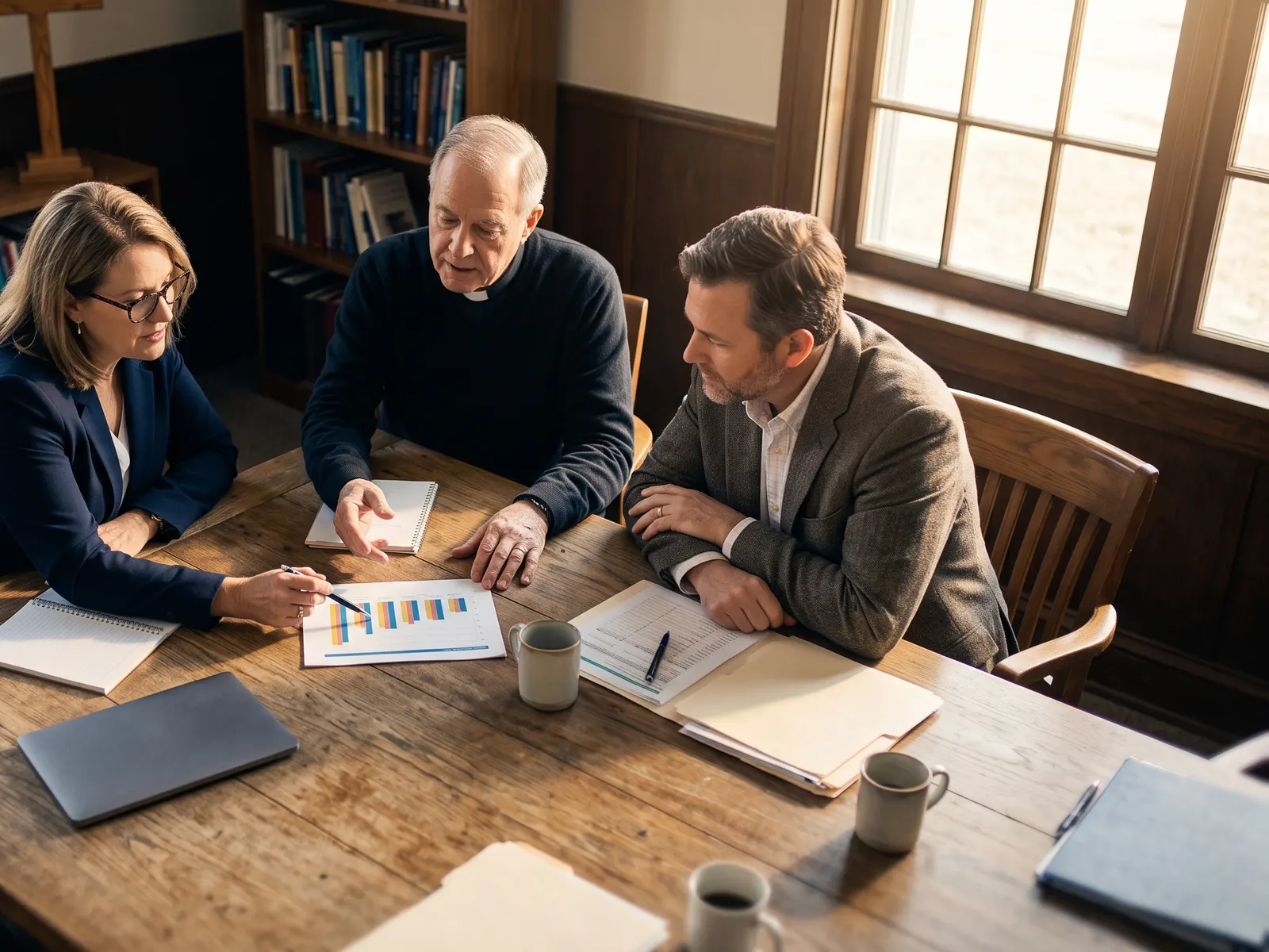 A pastor and two advisors working through the numbers together