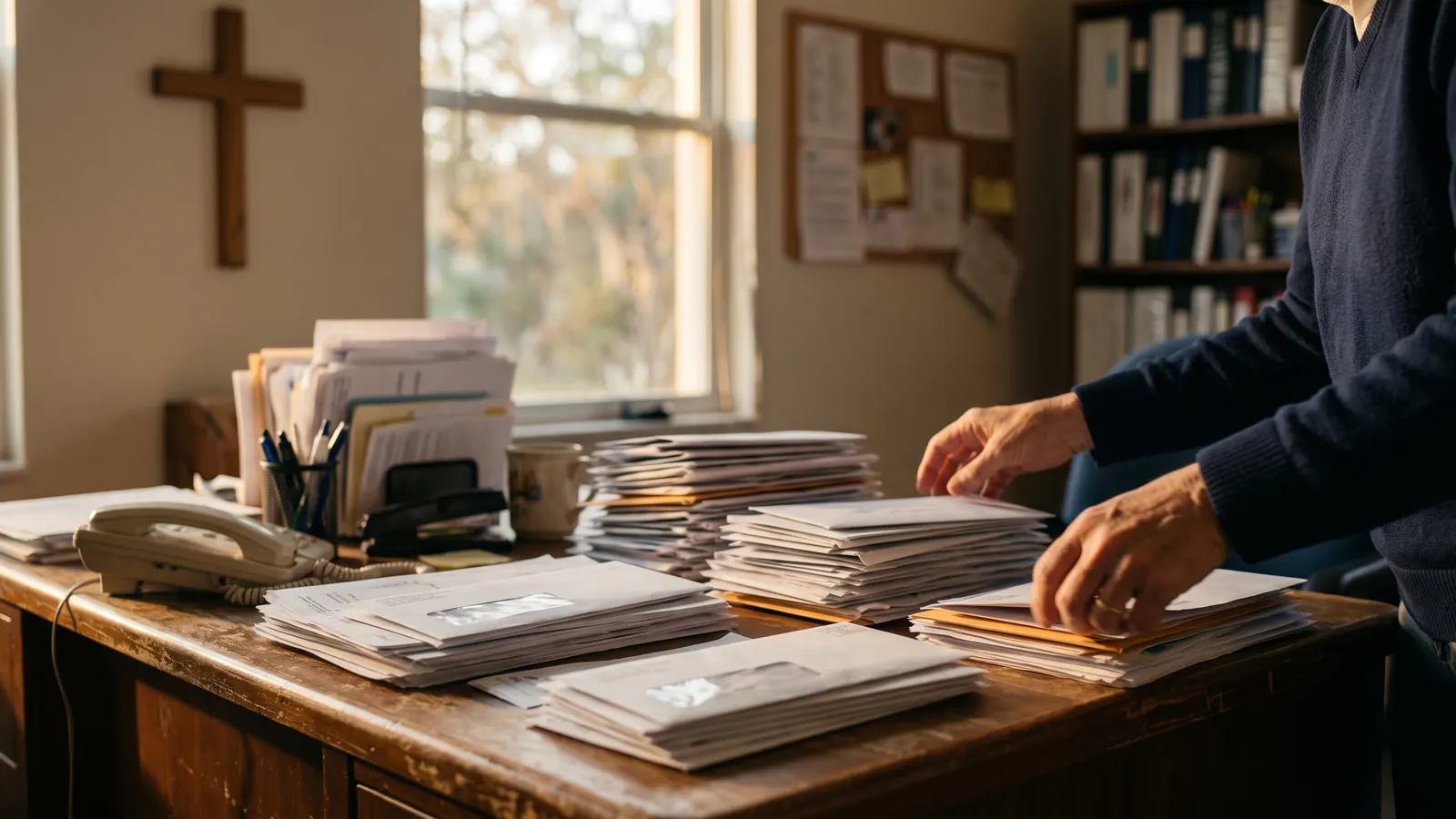Sorting stacks of unopened mail and statements on a church office desk