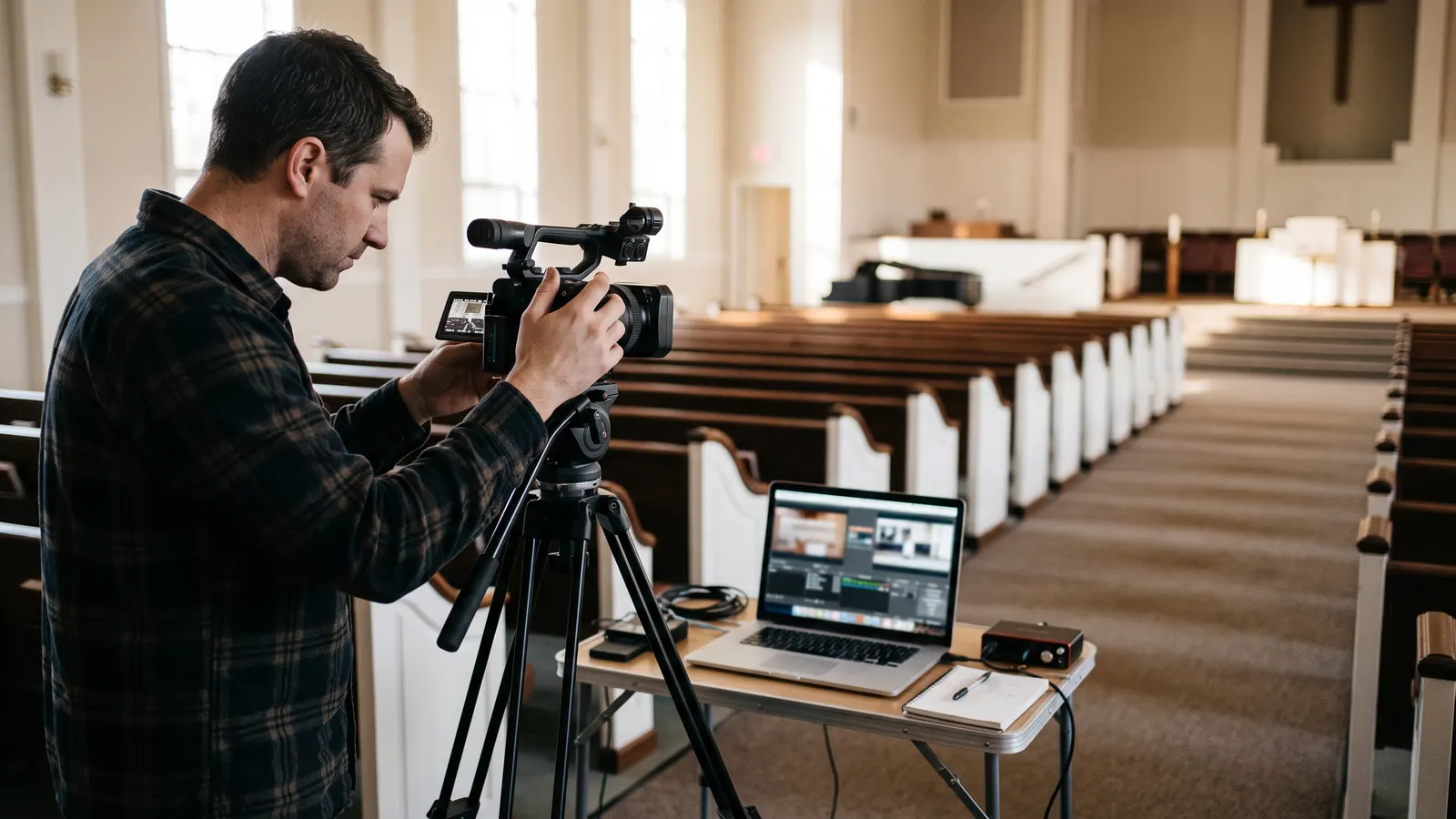 A camera operator checking the livestream setup in an empty sanctuary