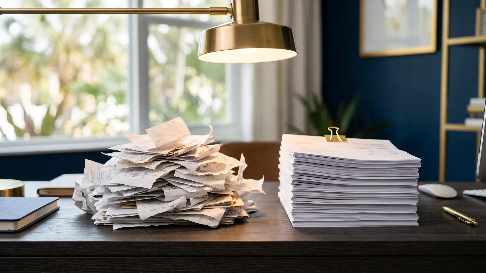A heap of crumpled receipts beside a neat stack of reconciled statements