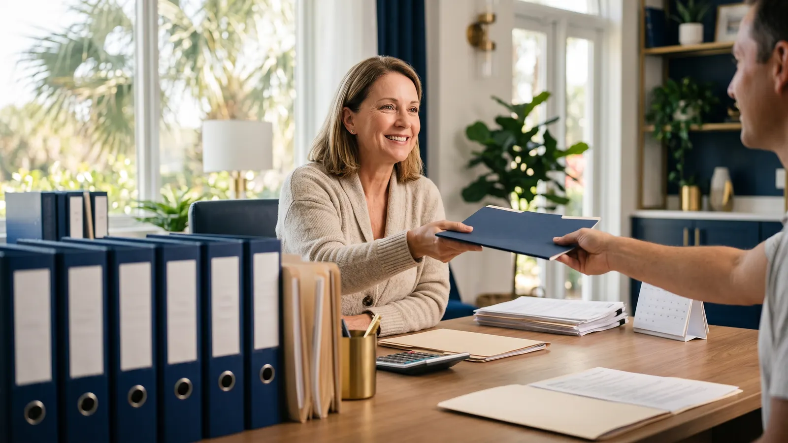 Labeled binders handed across a desk to an accountant at year-end