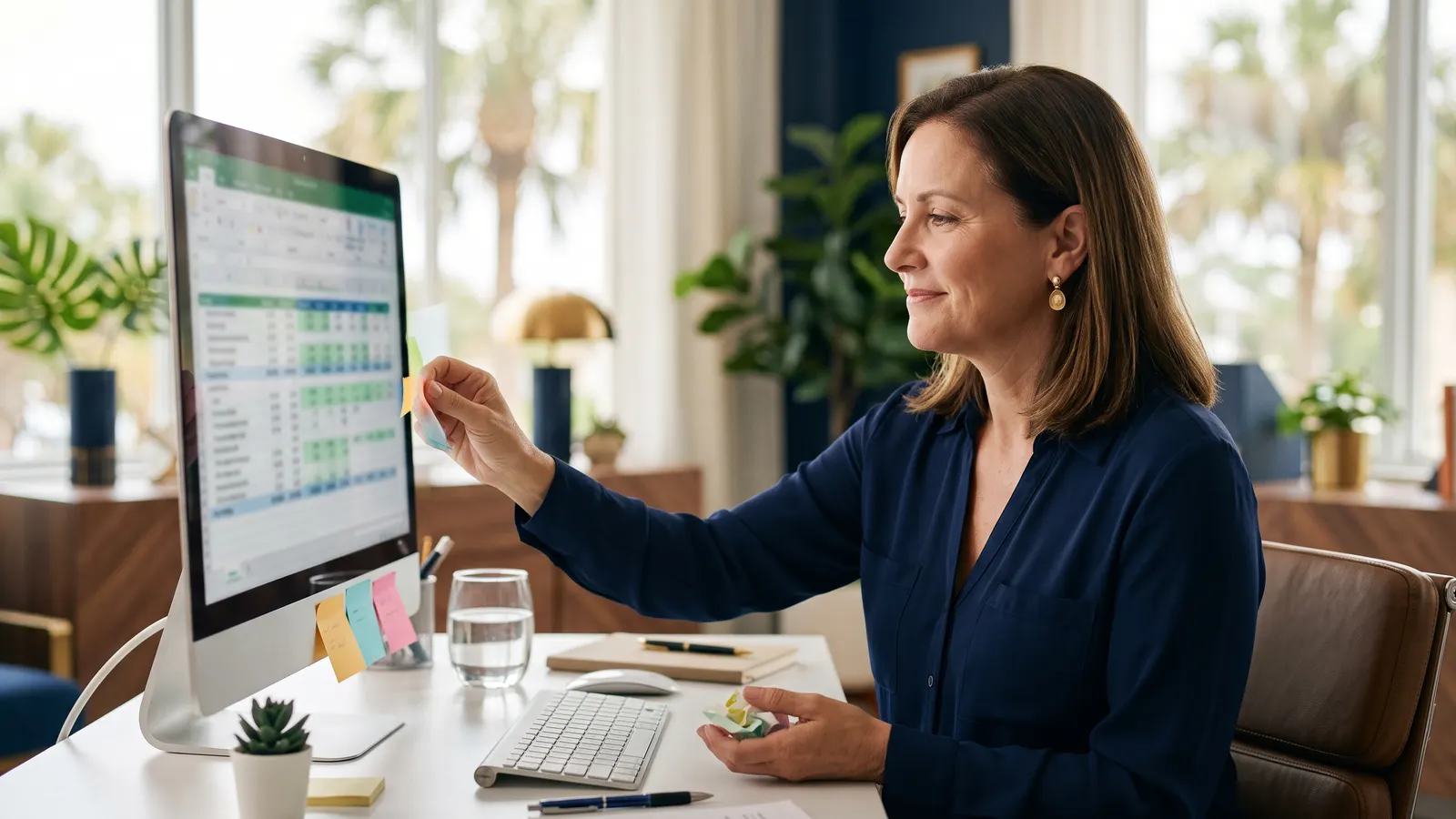 A bookkeeper peeling sticky notes off a monitor with a tidy chart of accounts