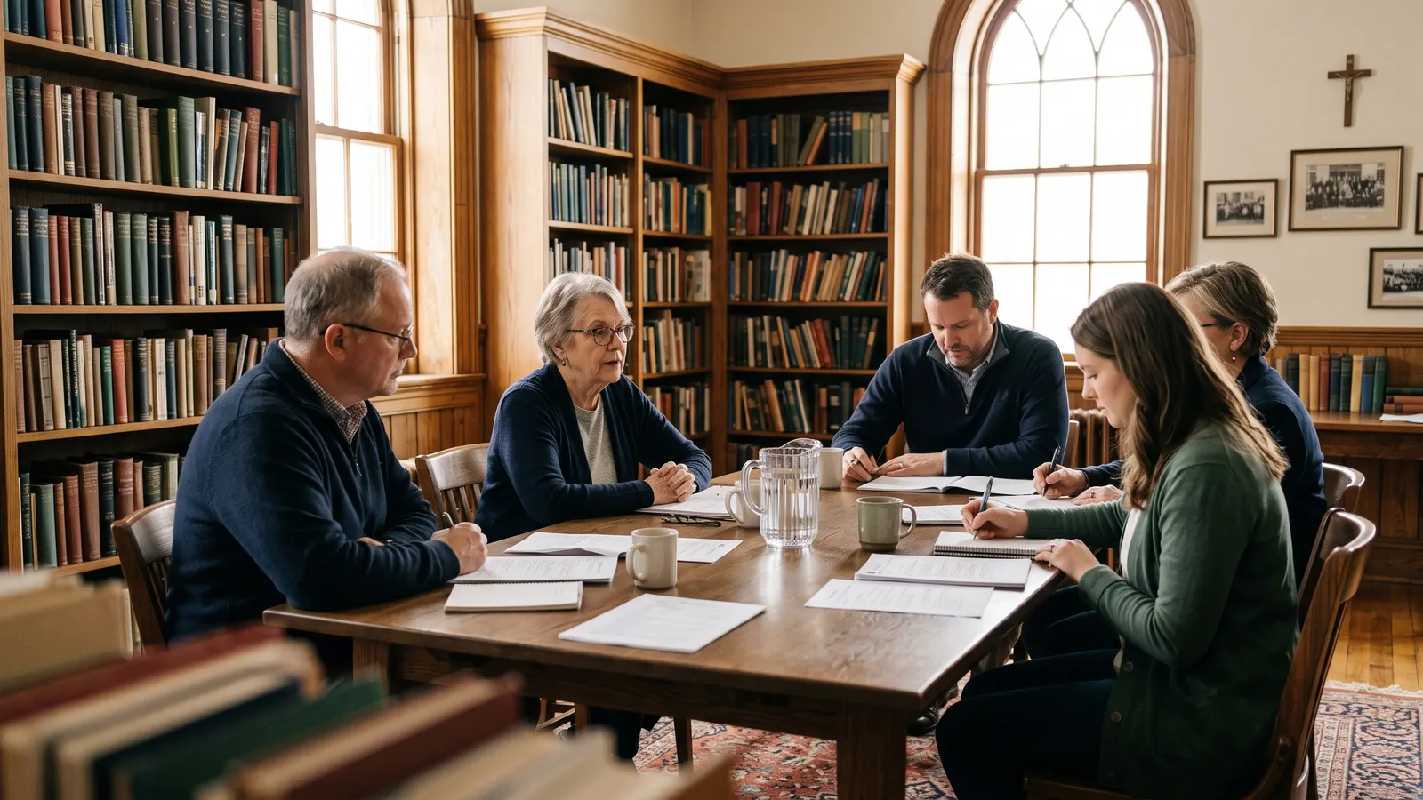 A ministry board meeting around a long wooden table
