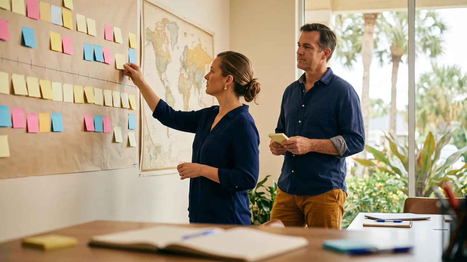 Two people planning a mission trip on a wall timeline of sticky notes