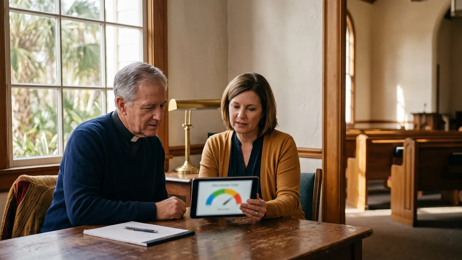 A pastor and treasurer reviewing a reserves chart on a tablet