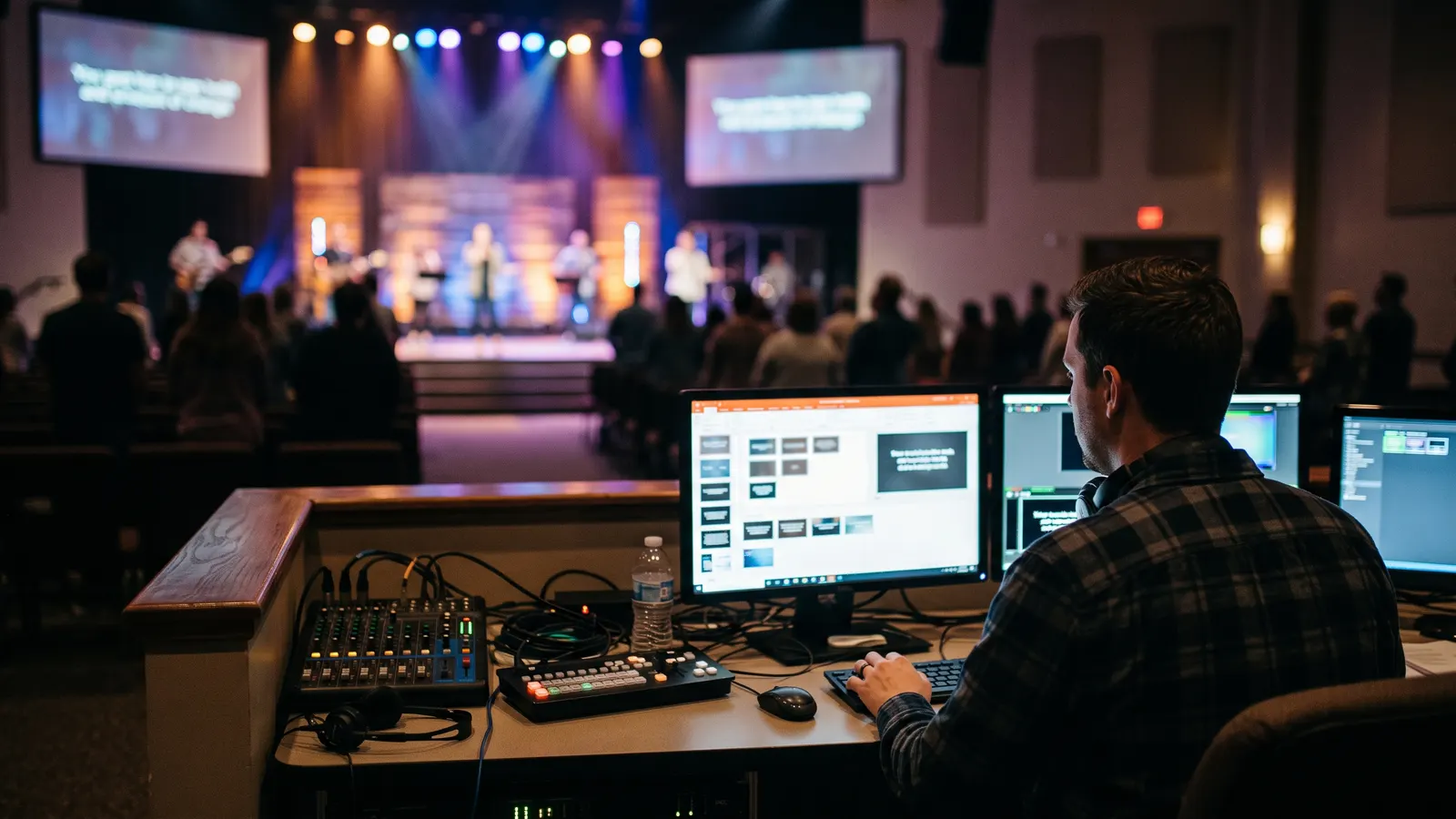 A volunteer running slides from the church media booth