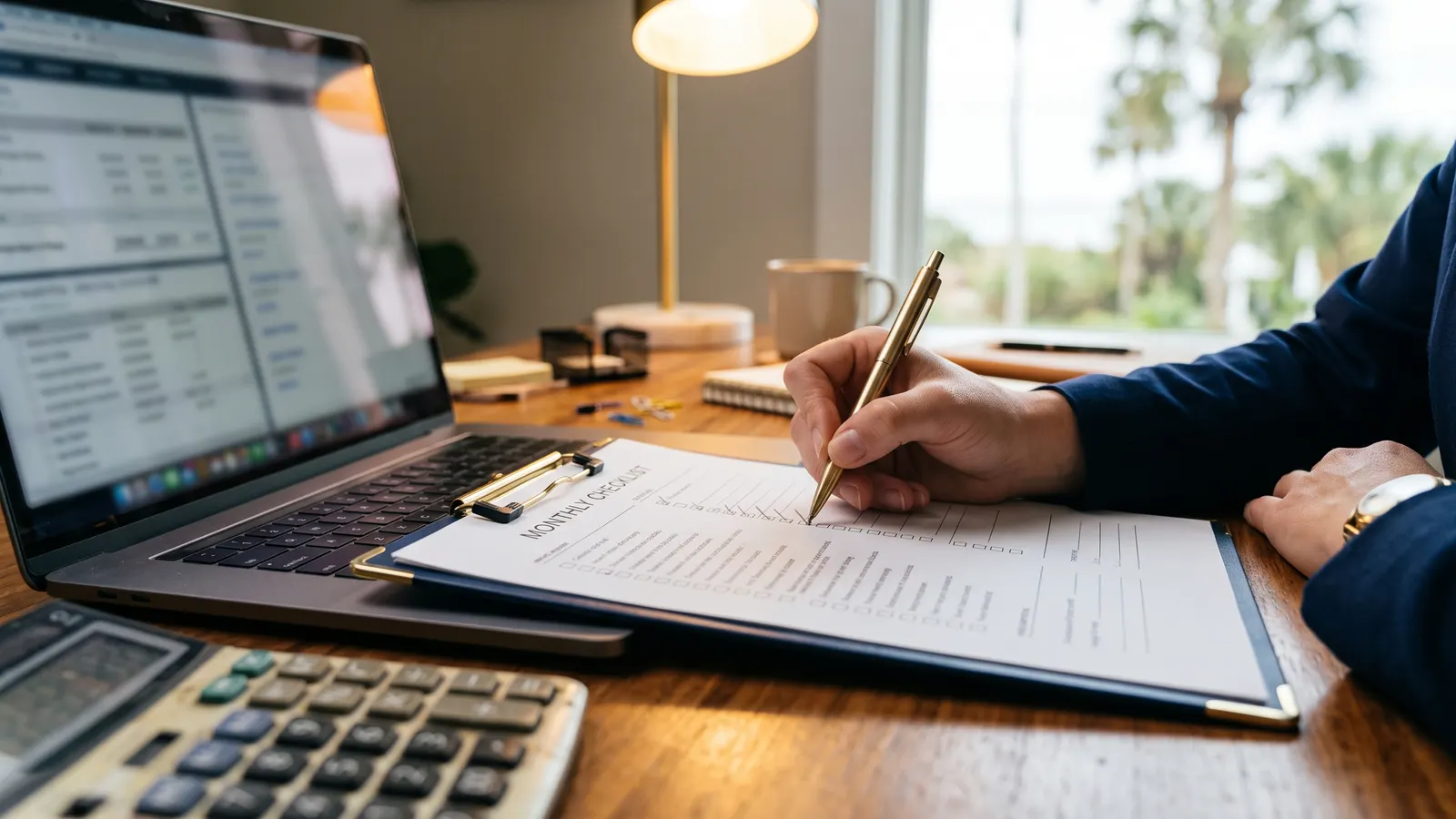 Ticking off a printed monthly checklist beside a laptop and calculator