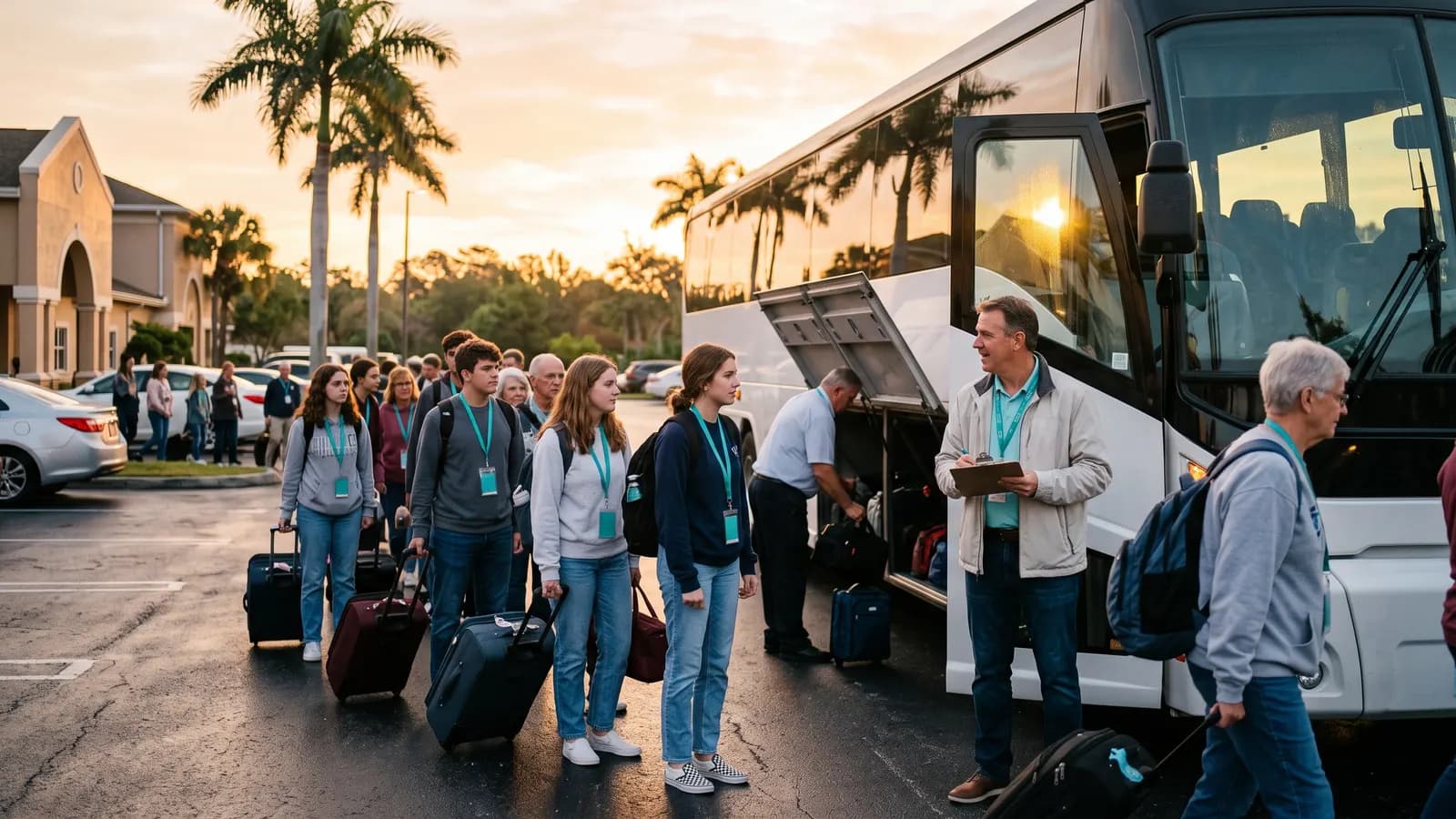 A church group boarding a coach bus at sunrise
