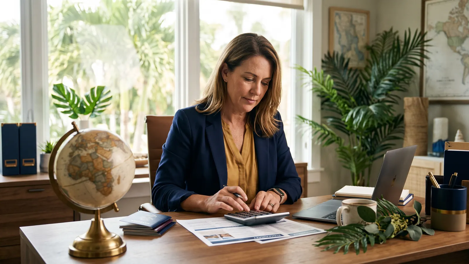 A travel advisor pricing a trip with a calculator, passports and an itinerary