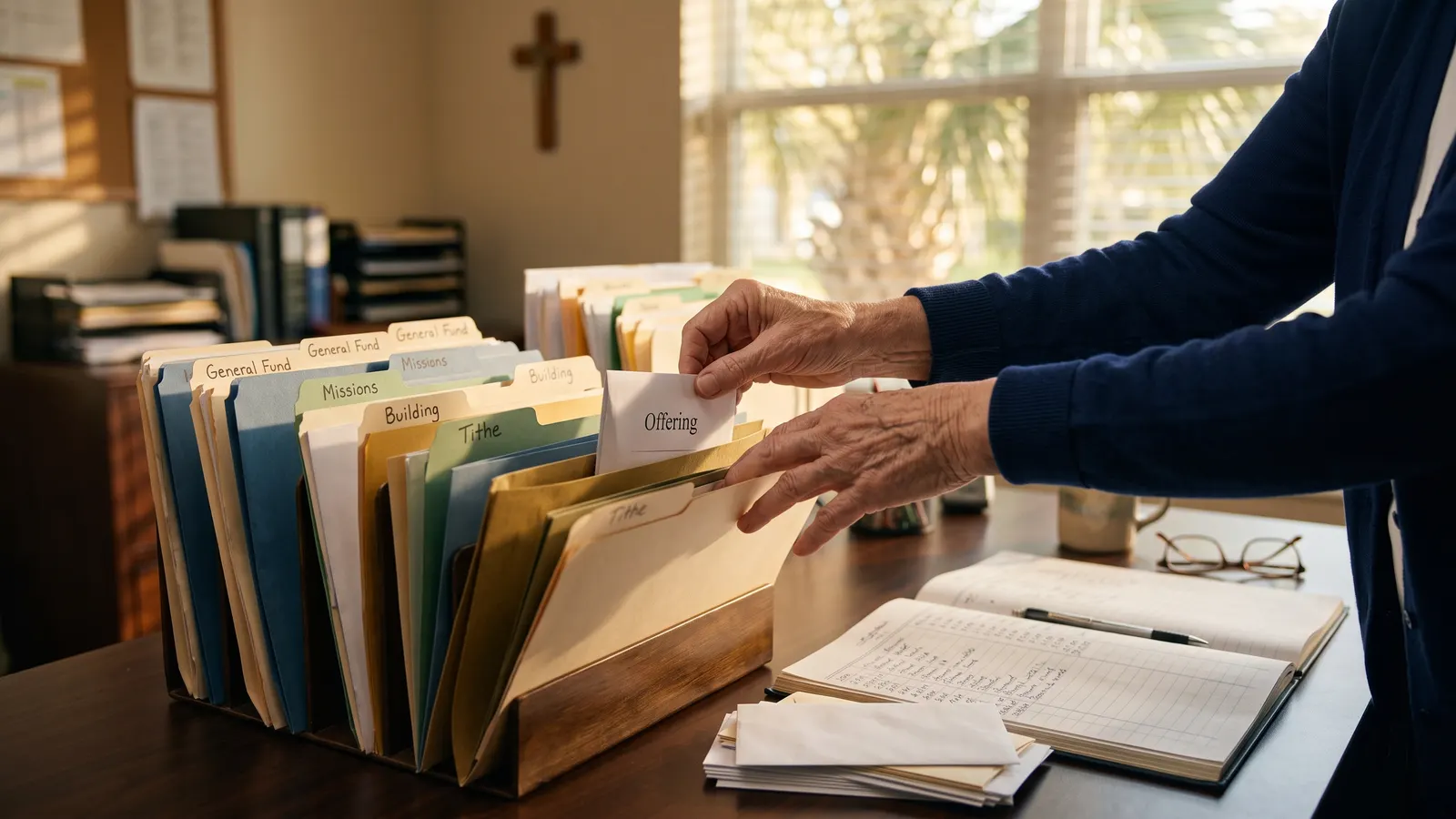 Offering envelopes sorted into separate folders beside an open ledger