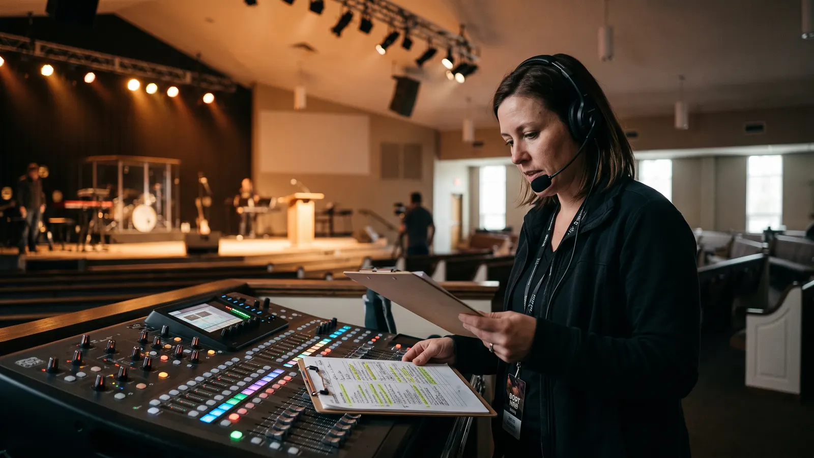 A stage manager with a headset and a run sheet beside the sound board