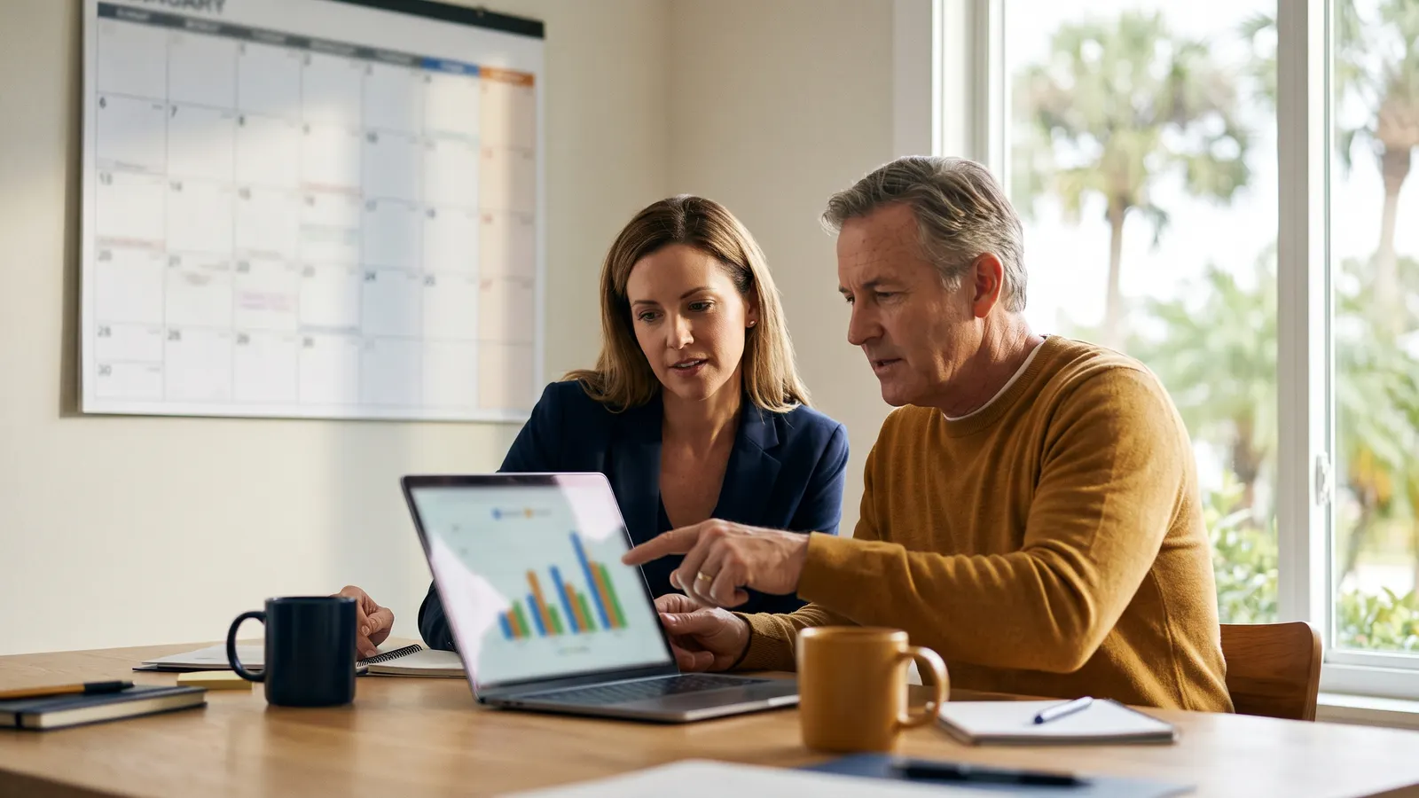 Two people pointing at a weekly cash-flow chart on a laptop