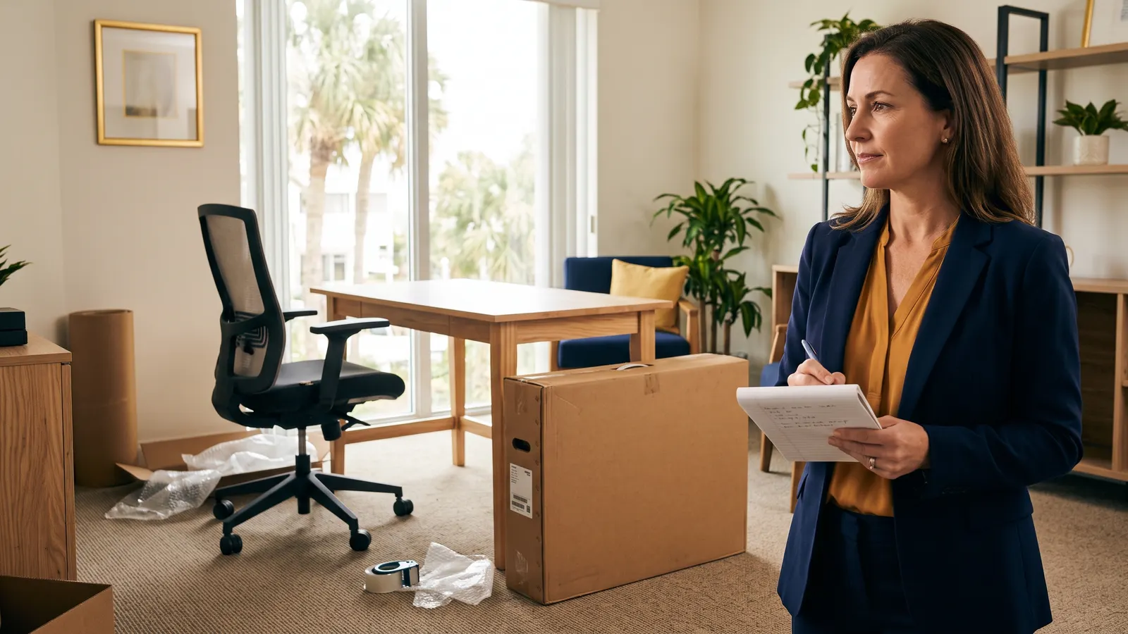 A new desk being set up in a small office while a manager takes notes