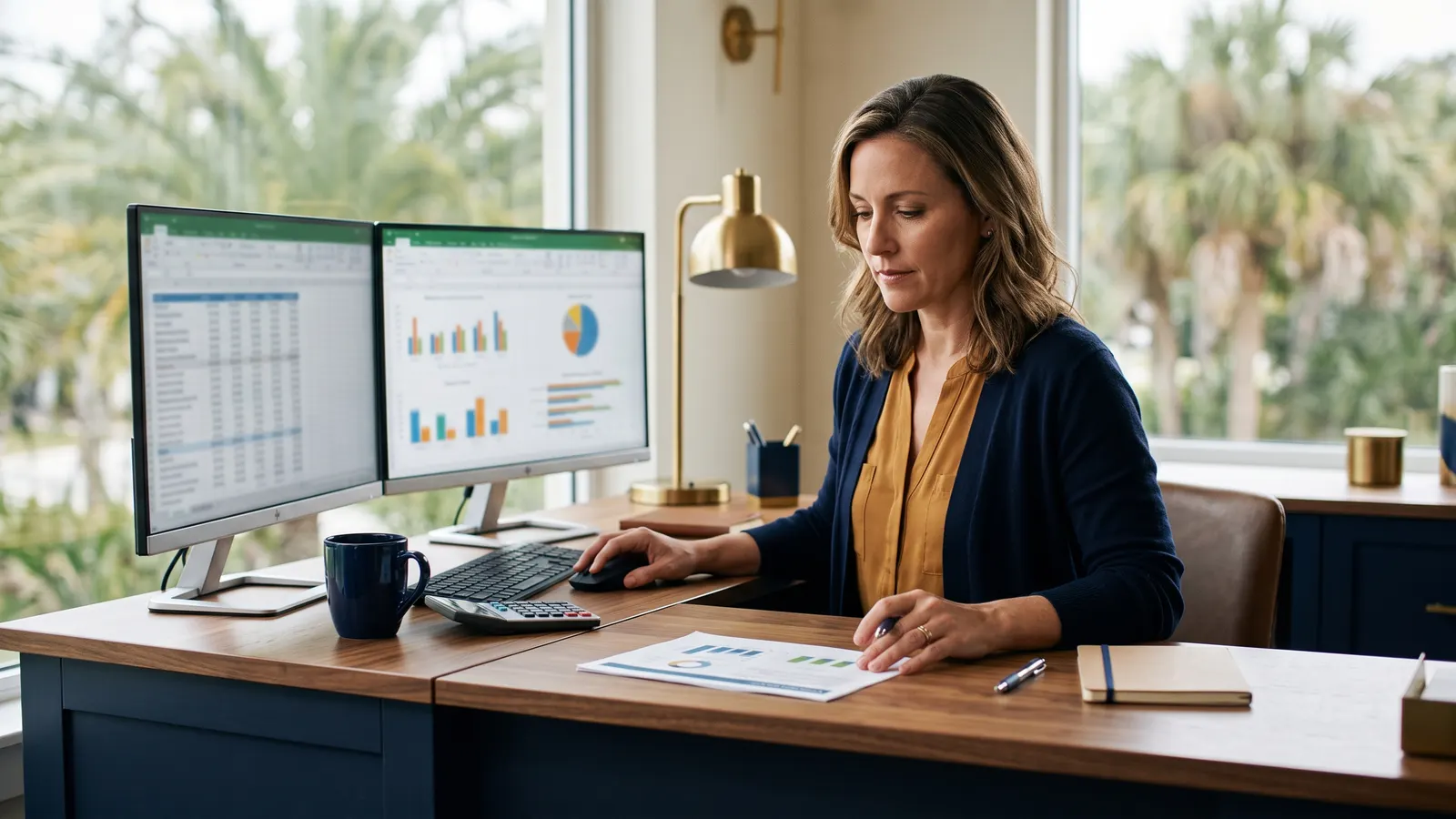 A bookkeeper closing the month at a tidy desk with two monitors