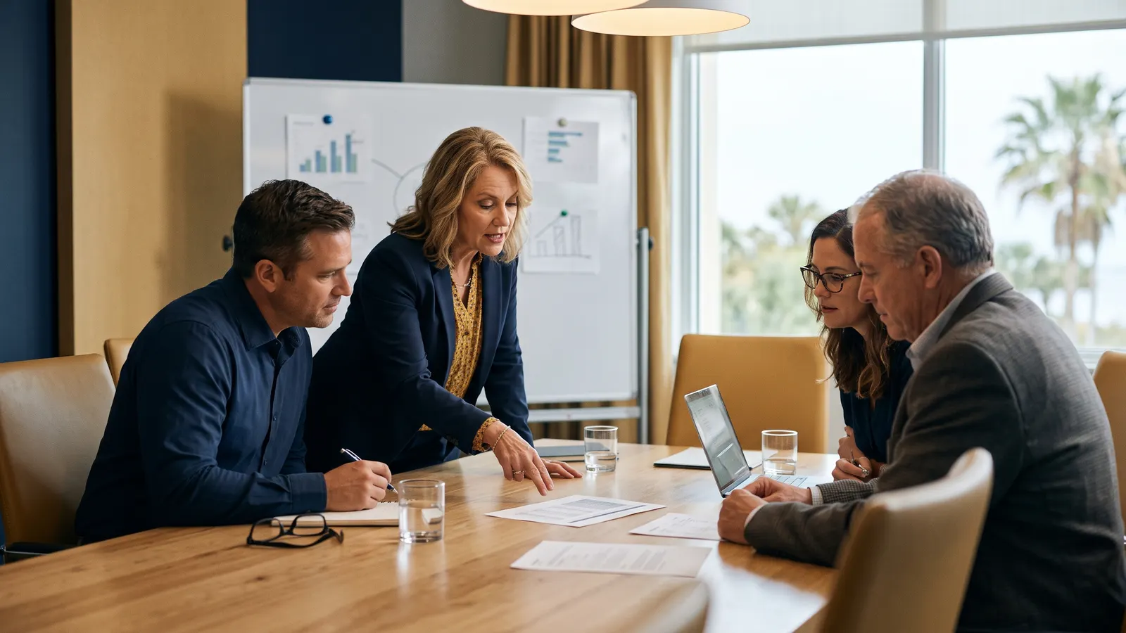 A leadership team debating a budget printout at a conference table