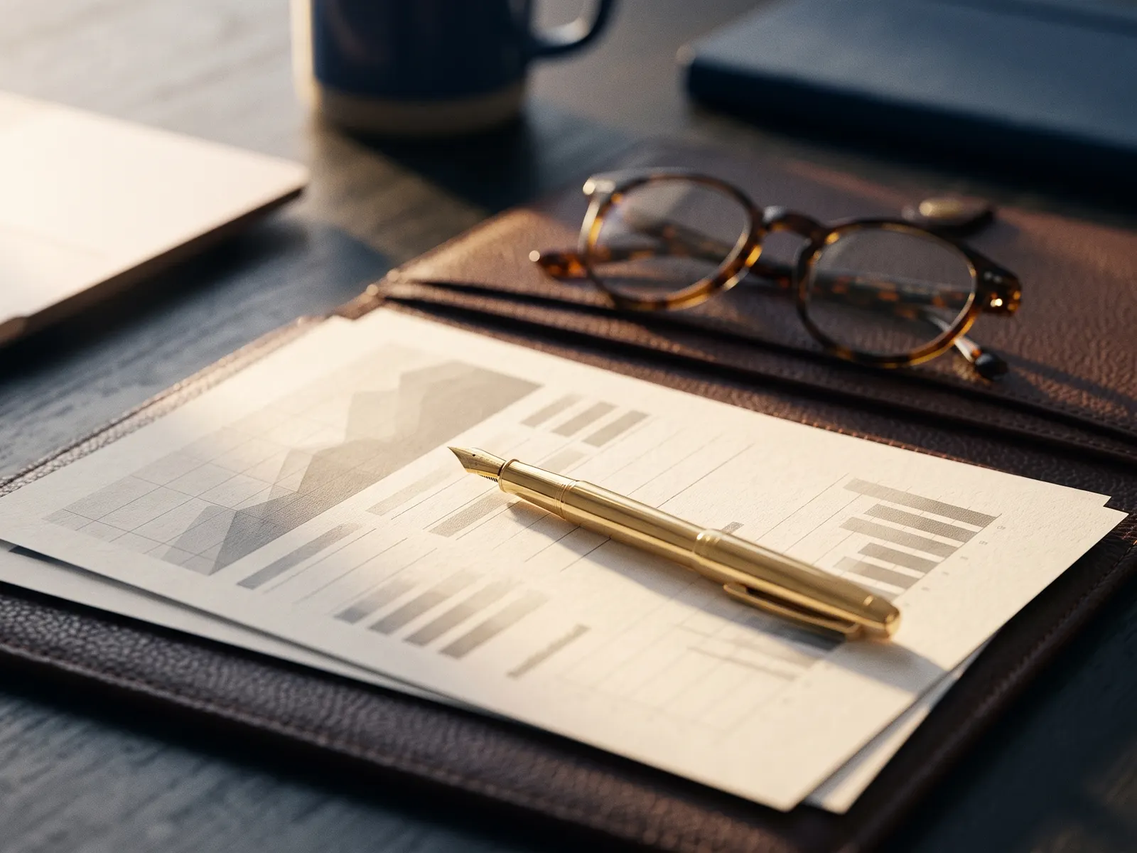 A financial report with reading glasses and a pen