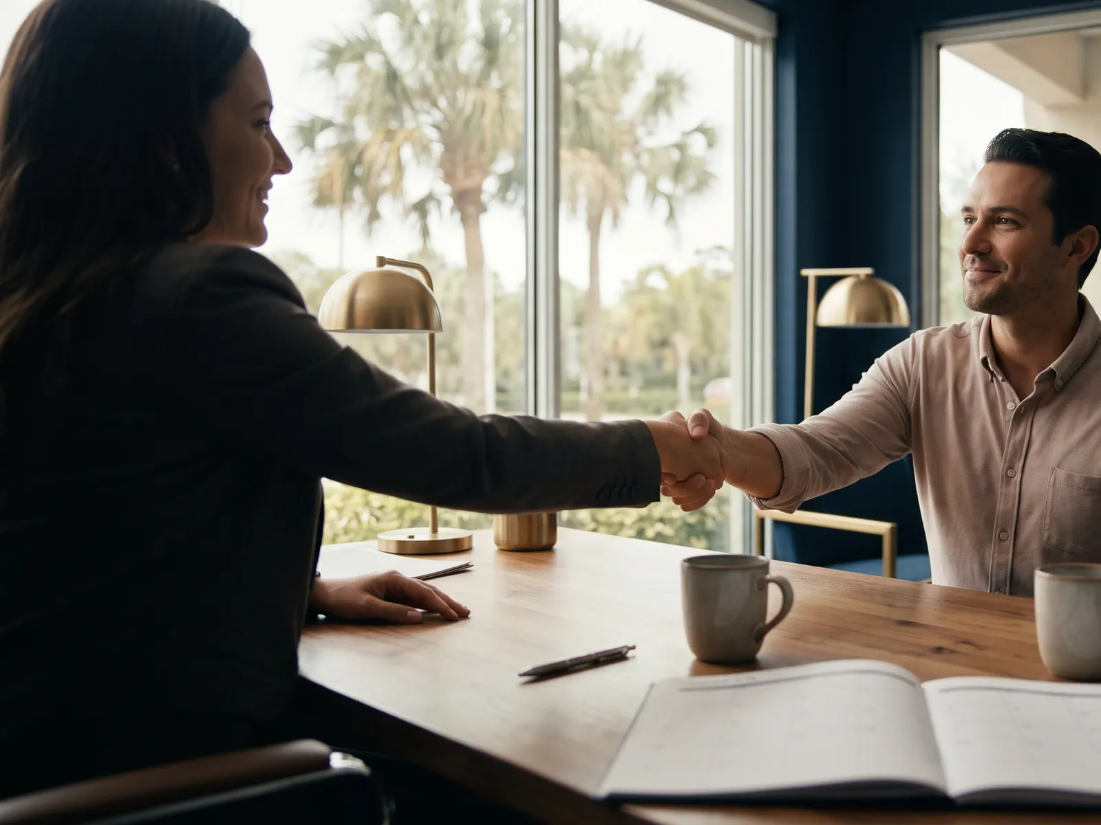 A handshake across the desk at the first meeting