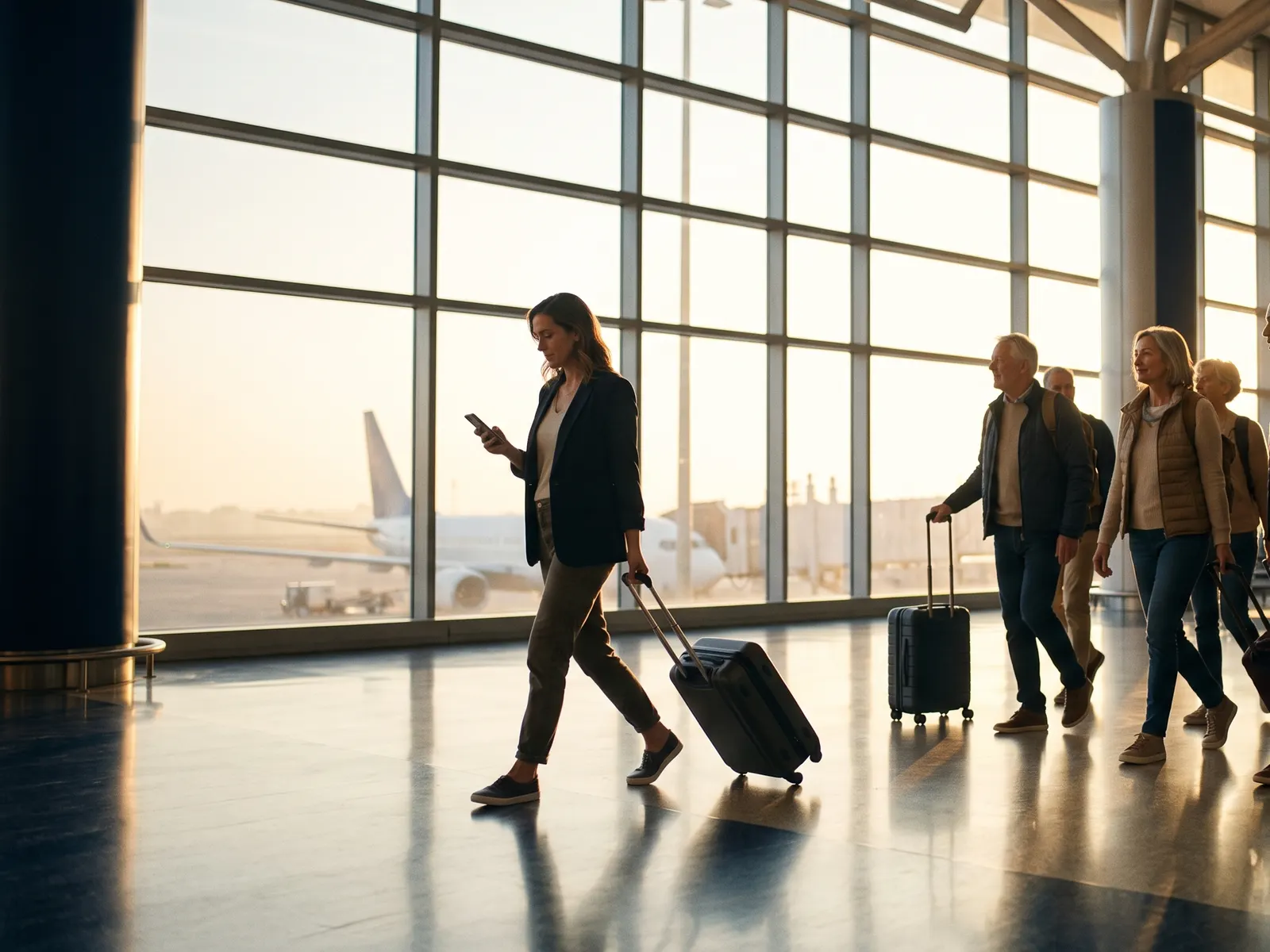 A ministry team rolling their bags through the airport at sunrise